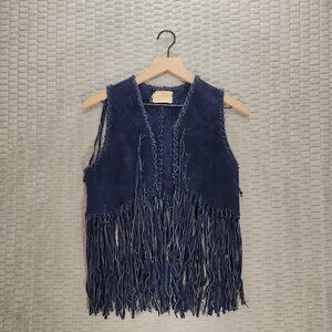 True Vintage Navy Blue Leather Fringed Vest-Braided Details-Western-Boho-Sz M